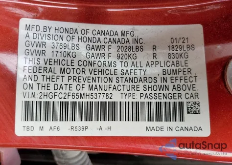 2021 Honda Civic Lx из США, поврежденный, VIN 2HGFC2F65MH537782